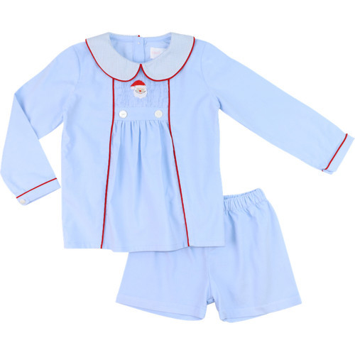 Blue Corduroy Smocked Santa Short Set | Cecil and Lou