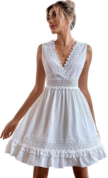 WDIRARA Women's Lace Trim V Neck High Rise Sleeveless Ruffle Dress Wedding Guest Dress | Amazon (US)