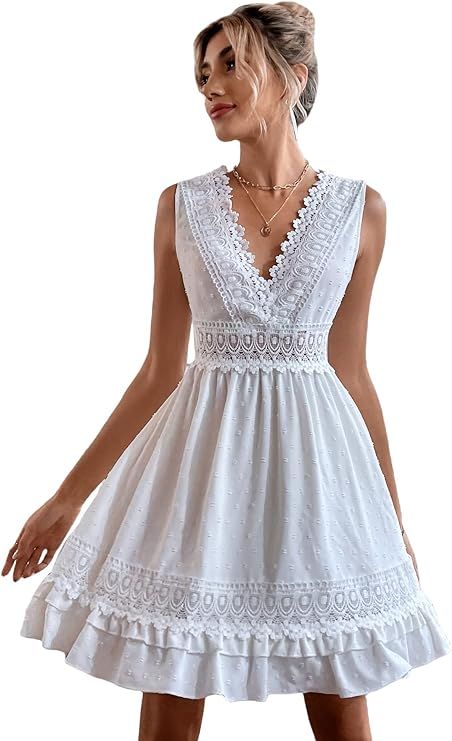 WDIRARA Women's Lace Trim V Neck High Rise Sleeveless Ruffle Dress Wedding Guest Dress | Amazon (US)