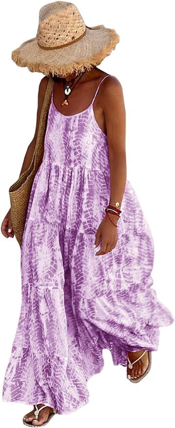 PRETTYGARDEN Womens Floral Summer Casual Bohemian Spaghetti Strap Flowy Long Dresses With Pockets | Amazon (US)