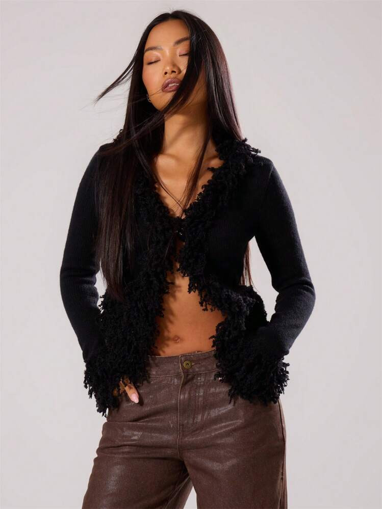 MUSERA Furry Trim Knit Cardigan Long Sleeve Tops | SHEIN