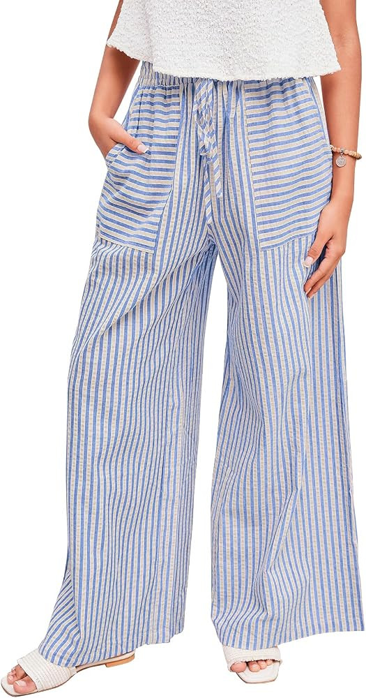 PEHMEA Women's Striped Wide Leg Pants Drawstring Cotton Mid Rise Casual Palazzo Trousers with Poc... | Amazon (US)