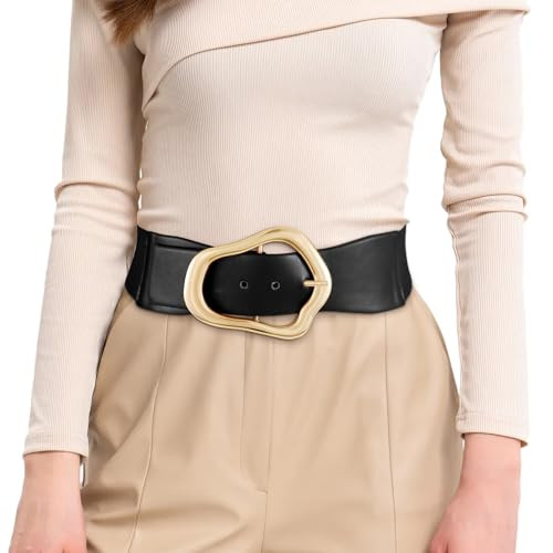 XZQTIVE Women Wide Elastic Waist Belt for Dresses Fashion Big Gold Buckle Stretchy Leather Waistb... | Amazon (US)