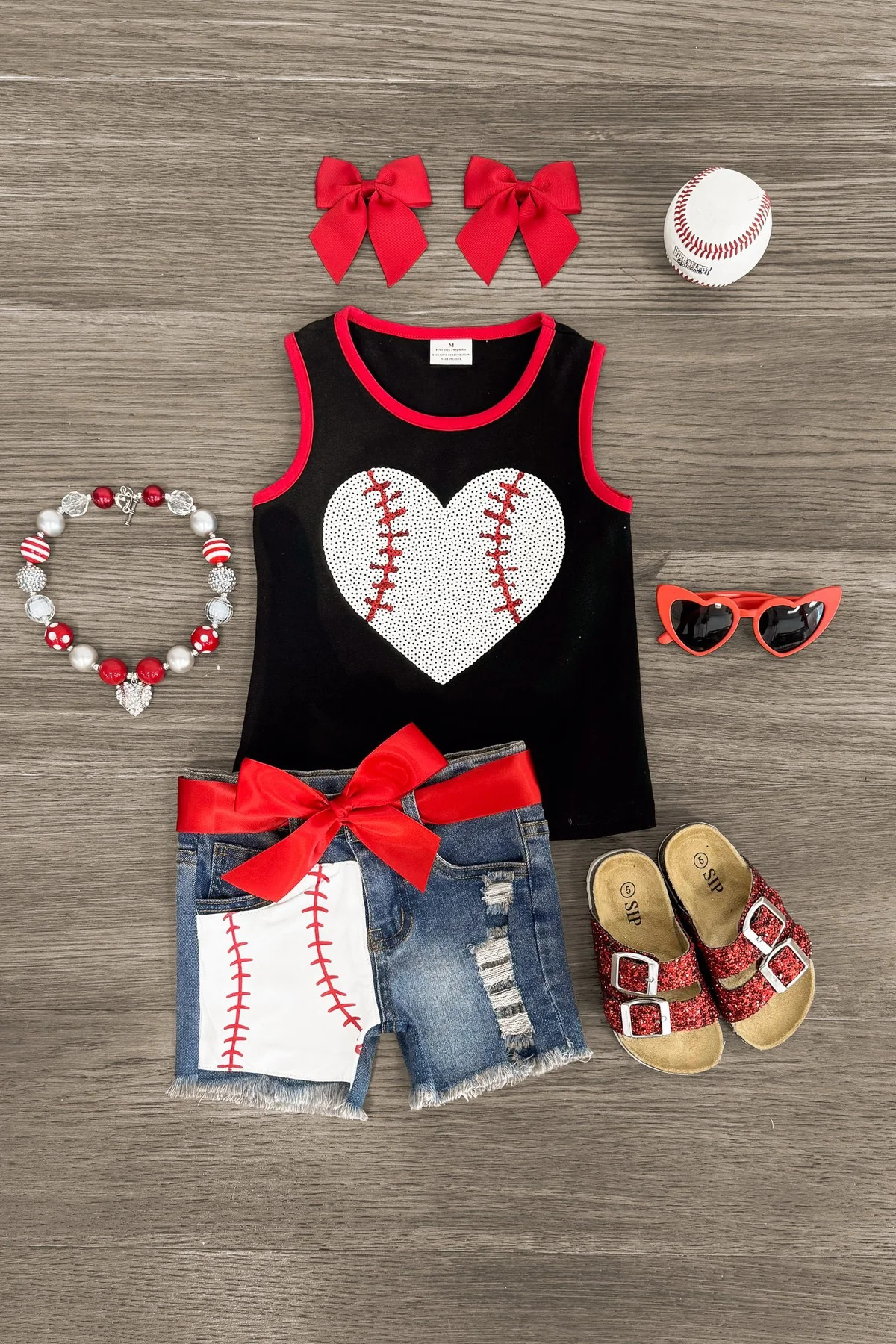 Sequin Baseball Heart Denim Short Set | Sparkle In Pink