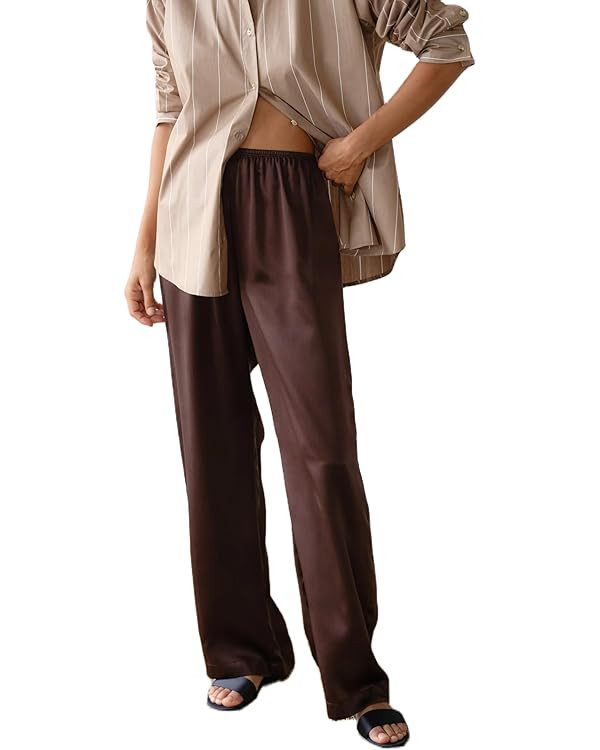 UAURORAO Satin Pants for Women Dressy Silk Wide Leg Lounge Pants Elastic Drawstring Casual Long F... | Amazon (US)