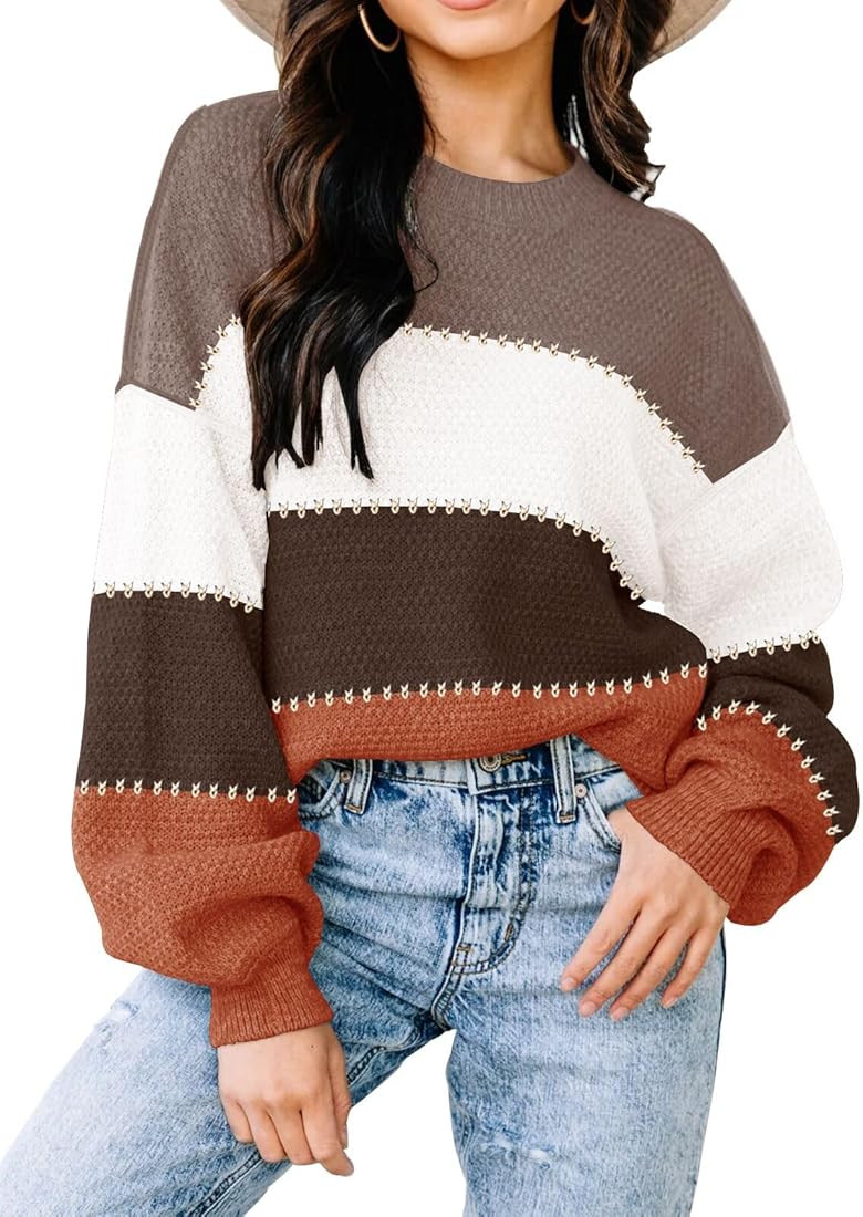Fall Sweaters for Women 2023 Long Sleeve Striped Oversized Sweaters Trendy Casual Crew Neck Knitt... | Amazon (US)