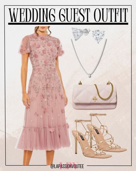 Shine at the wedding in a sequin floral cocktail midi dress, paired with delicate heart stud earrings and a matching necklace. A quilted leather crossbody bag adds a touch of luxury, while ankle strap sandals complete this stunning and elegant guest outfit. Perfect for a night of celebration!

#LTKStyleTip #LTKWedding #LTKSeasonal