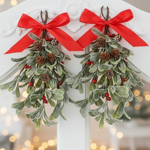 Daifunli 2 Pcs 12 '' Red Large Christmas Mistletoe Decor Xmas Holiday Artificial Mistletoe Giant Kissing Hanging Bouquet Christmas Ornament with Sprigs Red White Berries for Xmas Floral Garland | Amazon (US)