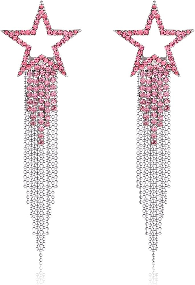 Women’s Tassel Earrings Star Ear Stud Pave Crystal Dangle Earrings Boho Waterfall Beaded Fringe... | Amazon (US)