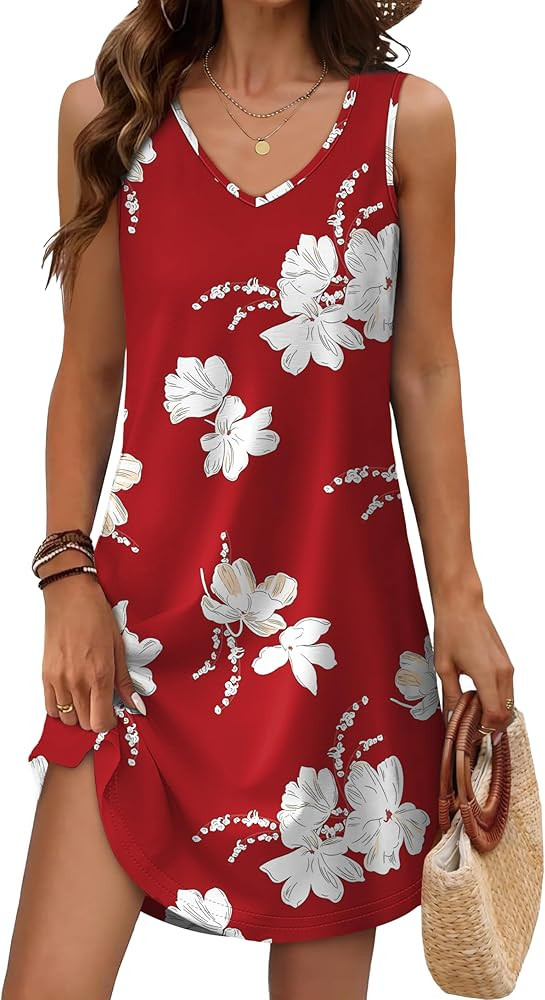 Sundresses for Women 2026 Vacation Loose V Neck Sleeveless Casual Dresses Beach Summer Outfits Sw... | Amazon (US)