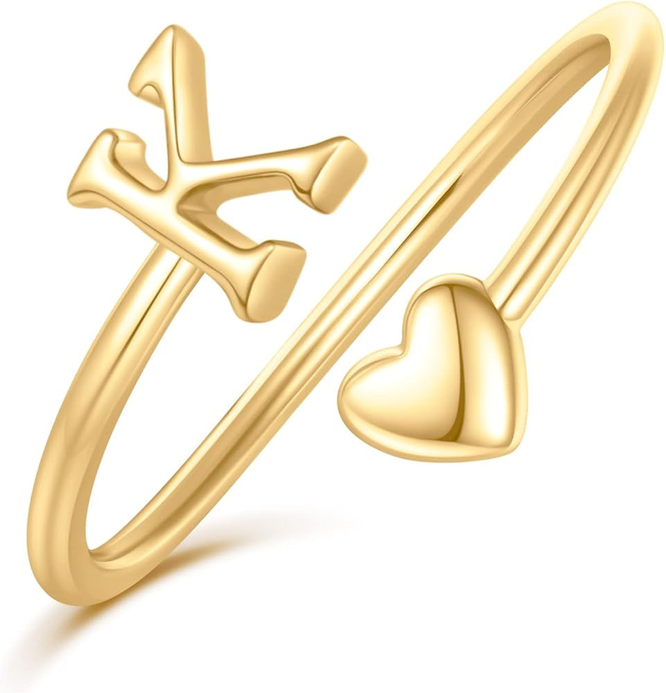 Initial Heart Rings for Women Girls - 14K Yellow/White/Rose Gold Plated Adjustable Rings for Wome... | Amazon (US)
