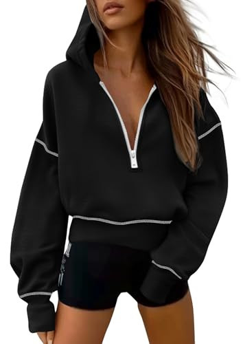PRETTYGARDEN Women's Hooded Sweatshirts Long Sleeve Half Zip Cropped Hoodie Pullover Winter Fashion Clothes (Black,Small) | Amazon (US)