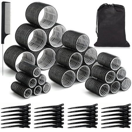 cisilov Self Grip Velcro Hair Rollers for Women, 4 Sizes Curlers for Long Short Hair with Hair Roller Clips, Comb & Storage Bag, Black | Walmart (US)