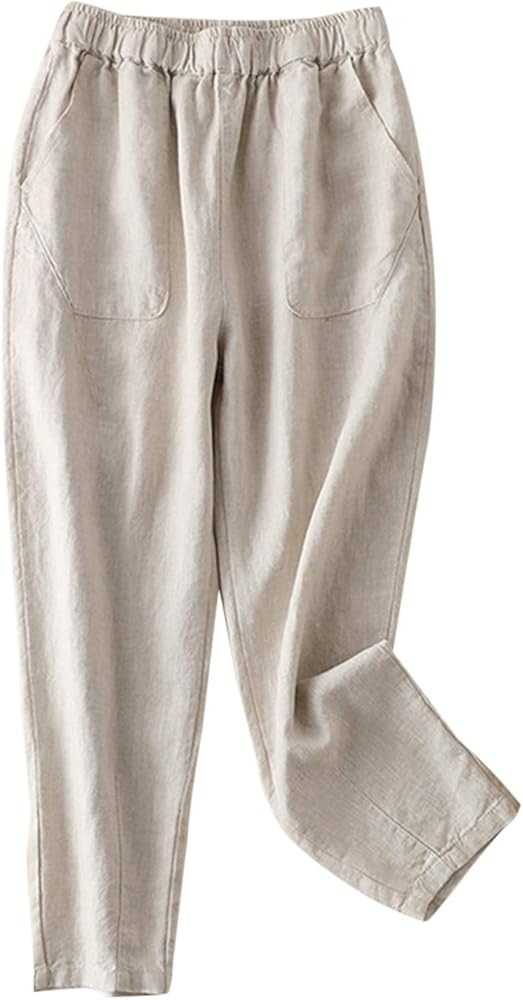 IXIMO Women's 100% Linen Capris Elastic Waist Tapered Cropped Pants with Pockets | Amazon (US)