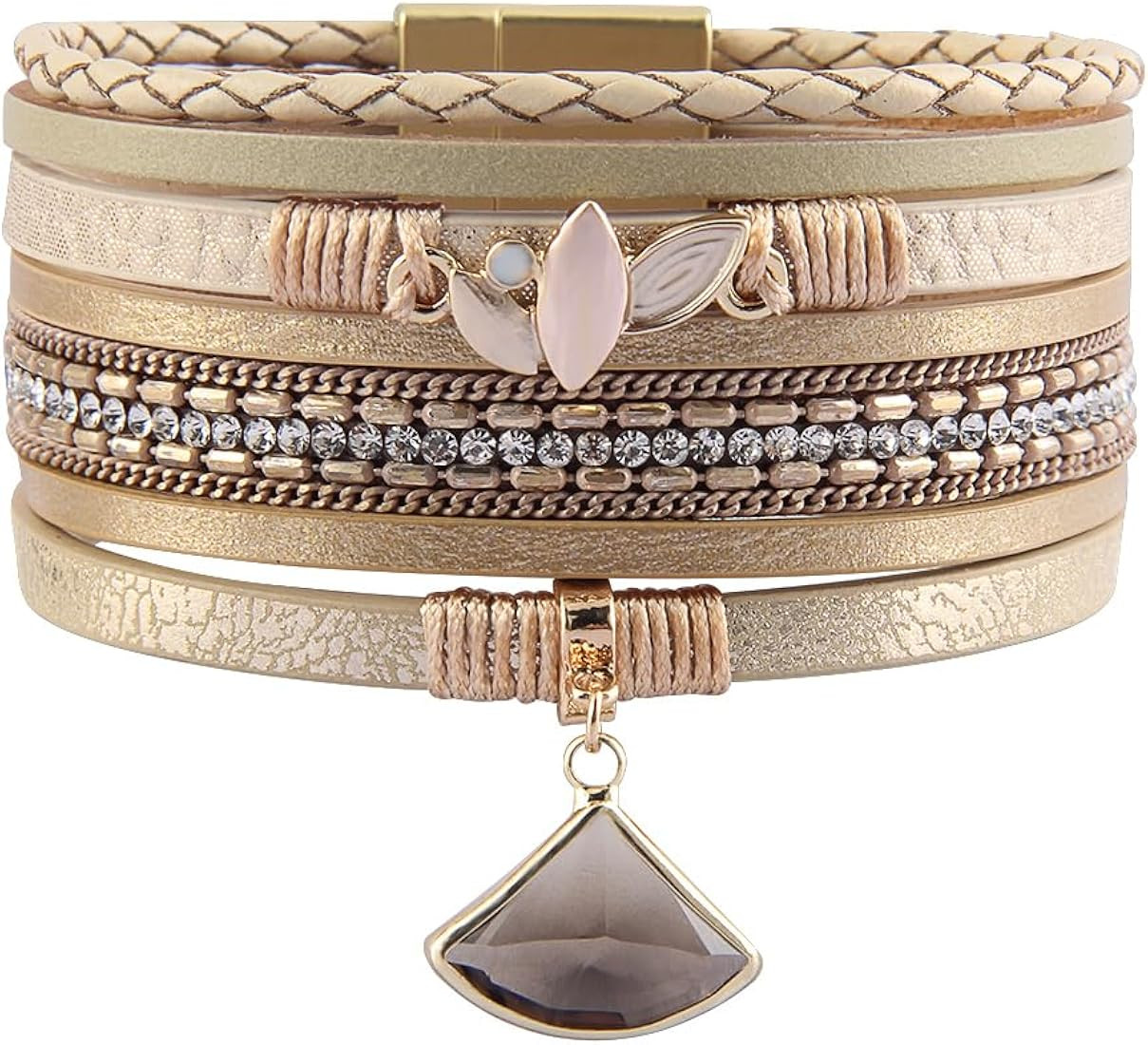GelConnie Leather Wrap Bracelet Boho Cuff Bracelets Crystal Leather Bracelet Magnetic Multi Stran... | Amazon (US)