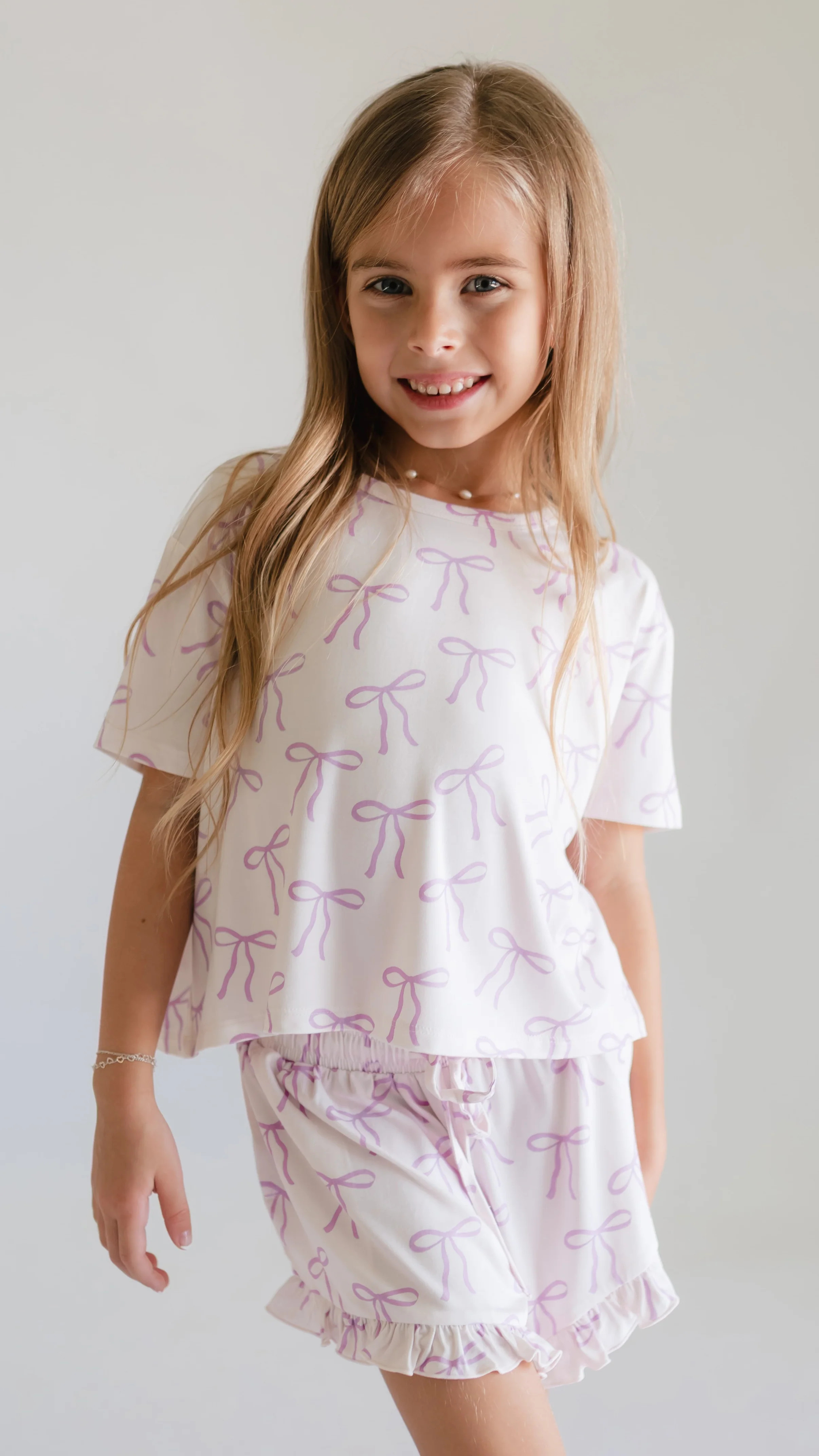 Girl's Ruffle Short Set in Purple Bows | Silks Design