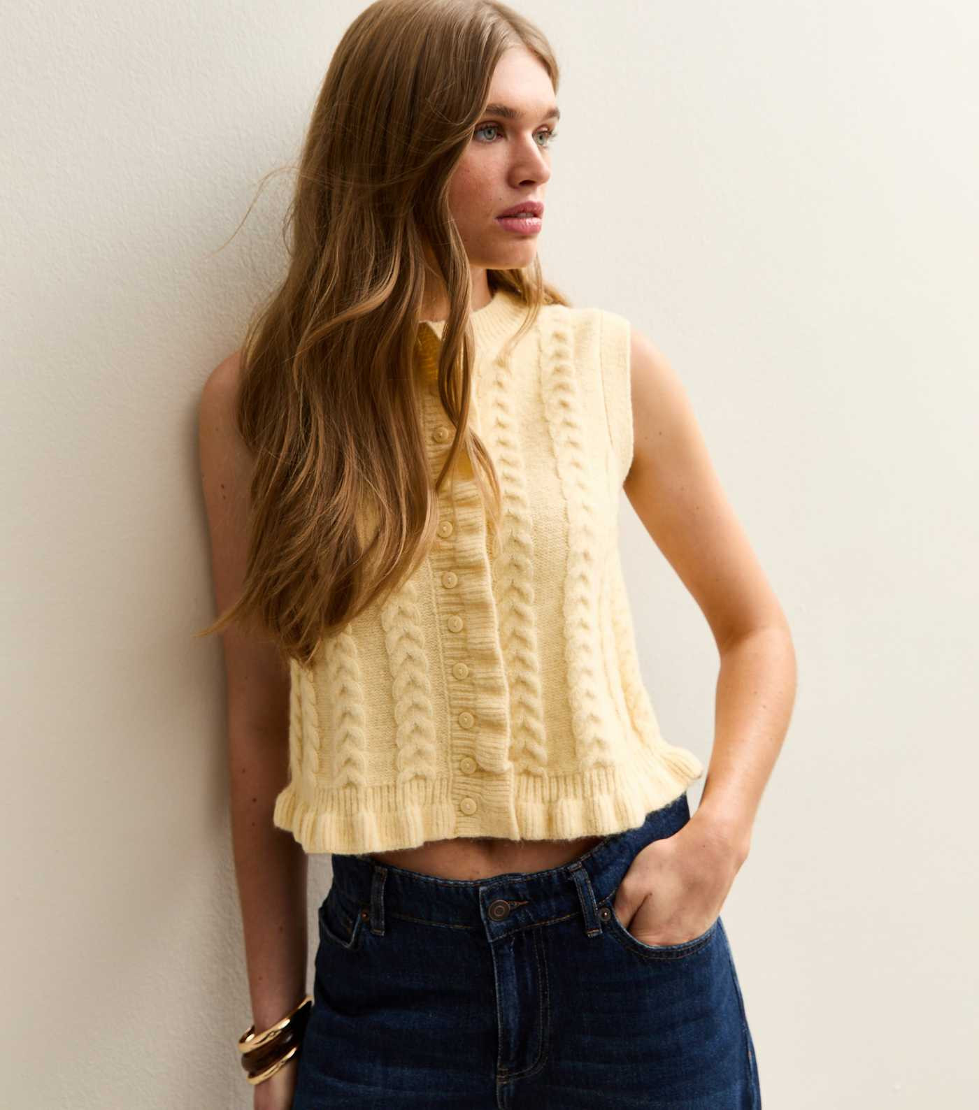 Light Yellow Cable Knit Frill Trimmed Waistcoat | New Look | New Look (UK)