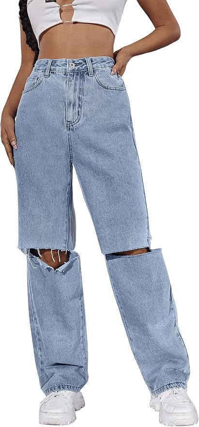 SweatyRocks Women's Ripped Straight Leg Jeans High Waist Distressed Cutout Denim Pants Light Wash... | Amazon (US)