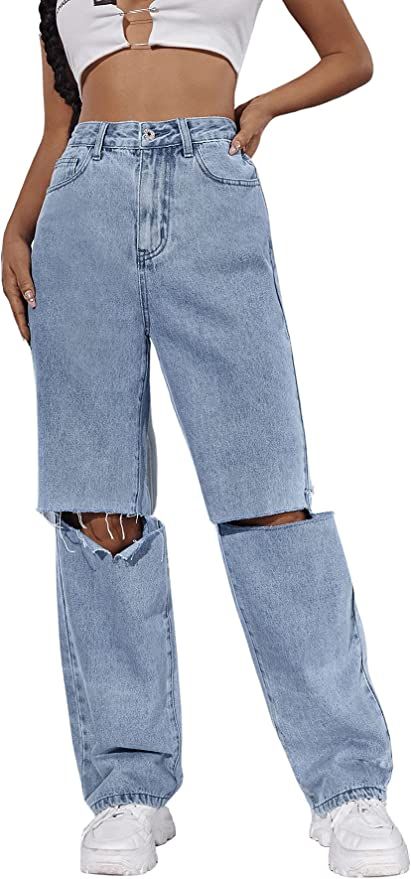 SweatyRocks Women's Ripped Straight Leg Jeans High Waist Distressed Cutout Denim Pants | Amazon (US)