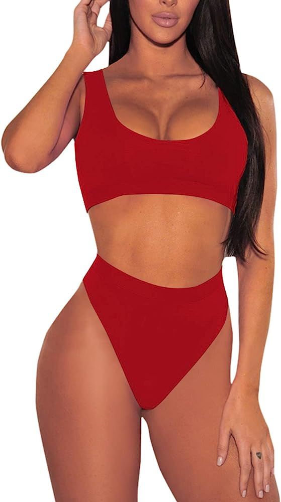 Cutiefox Womens Crop Top Scoop Neck High Waisted Bikini Sets Two Piece Swimsuits | Amazon (US)