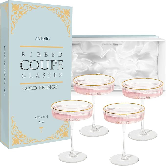 Crutello Champagne Coupe Glasses Set of 4, Gold Rimmed Coupe, 7oz Vintage Cocktail Glass, Ribbed ... | Amazon (US)