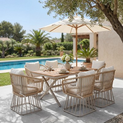 Christopher Knight Home Hudson Patio Modern 7-Piece Steel & Acacia Wood Outdoor Dining Set, Teak/Beige | Target
