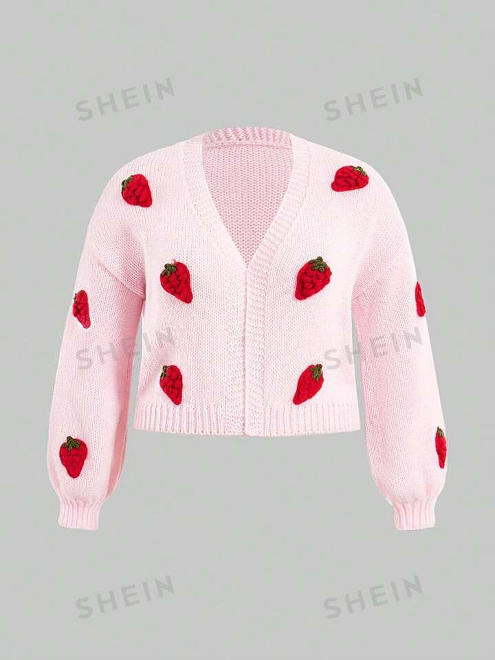 ROMWE Kawaii Plus Size Cute Strawberry Pattern Versatile Cardigan Sweater | SHEIN