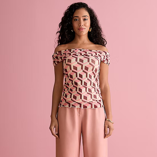 Bold Elements x Ally Brooke Short Sleeve Womens Off the Shoulder Blouse, Color: Geo Print - JCPen... | JCPenney