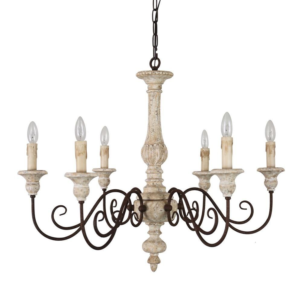 FIVE OAKS FURNITURE 6-Light French Country Weathered Wood Chandelier, Shabby Chic Wooden Chandelier  | The Home Depot