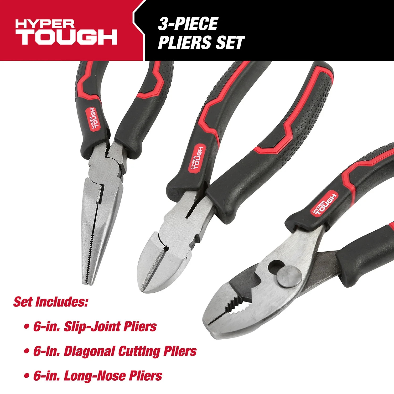 Hyper Tough 3-Piece Pliers Set with Ergonomic Soft Grip Handles, Diagonal Cutting Pliers, Slip Jo... | Walmart (US)