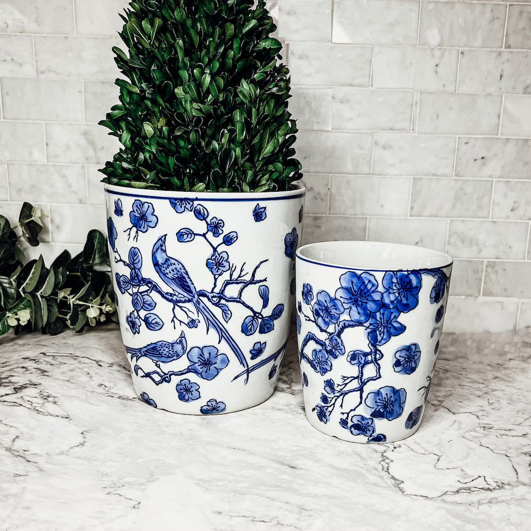 Blue and White Vase, Chinoiserie Vase, Blue Cachepot, Hand Painted Porcelain Planting Vase, Bud V... | Etsy (US)