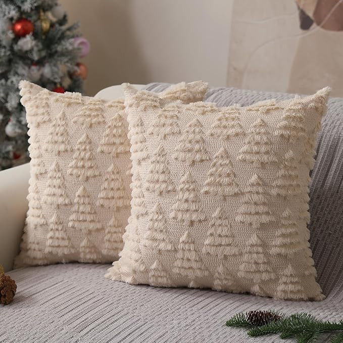 Christmas Pillow Covers 18 x 18 Set of 2 Christmas Decoration Beige Christmas Tree Pillow Cases P... | Amazon (US)