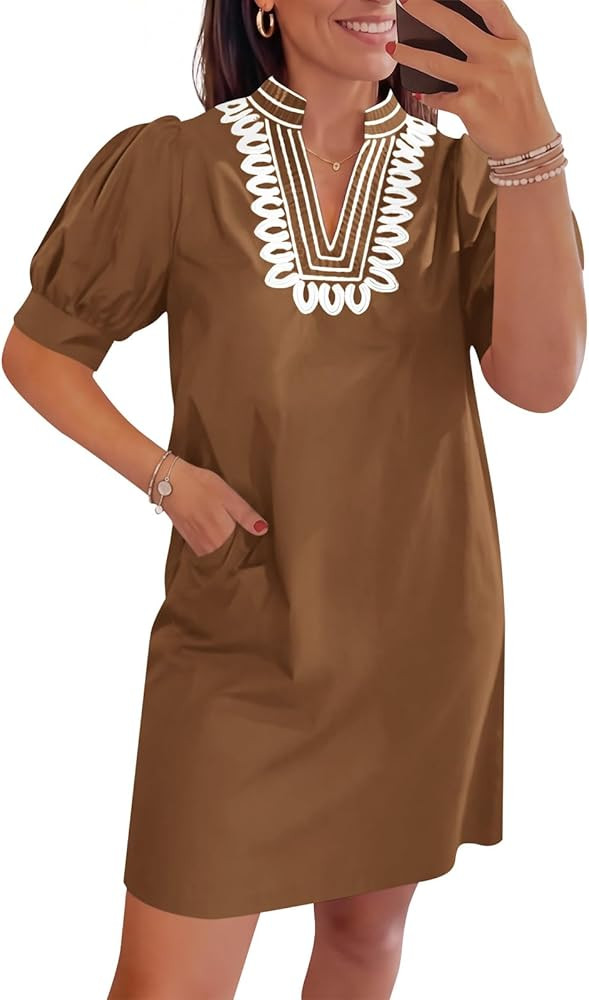Wenrine Womens Summer V Neck Shift Dresses Puff Short Sleeve Casual Dressy Embroidered Boho Short... | Amazon (US)