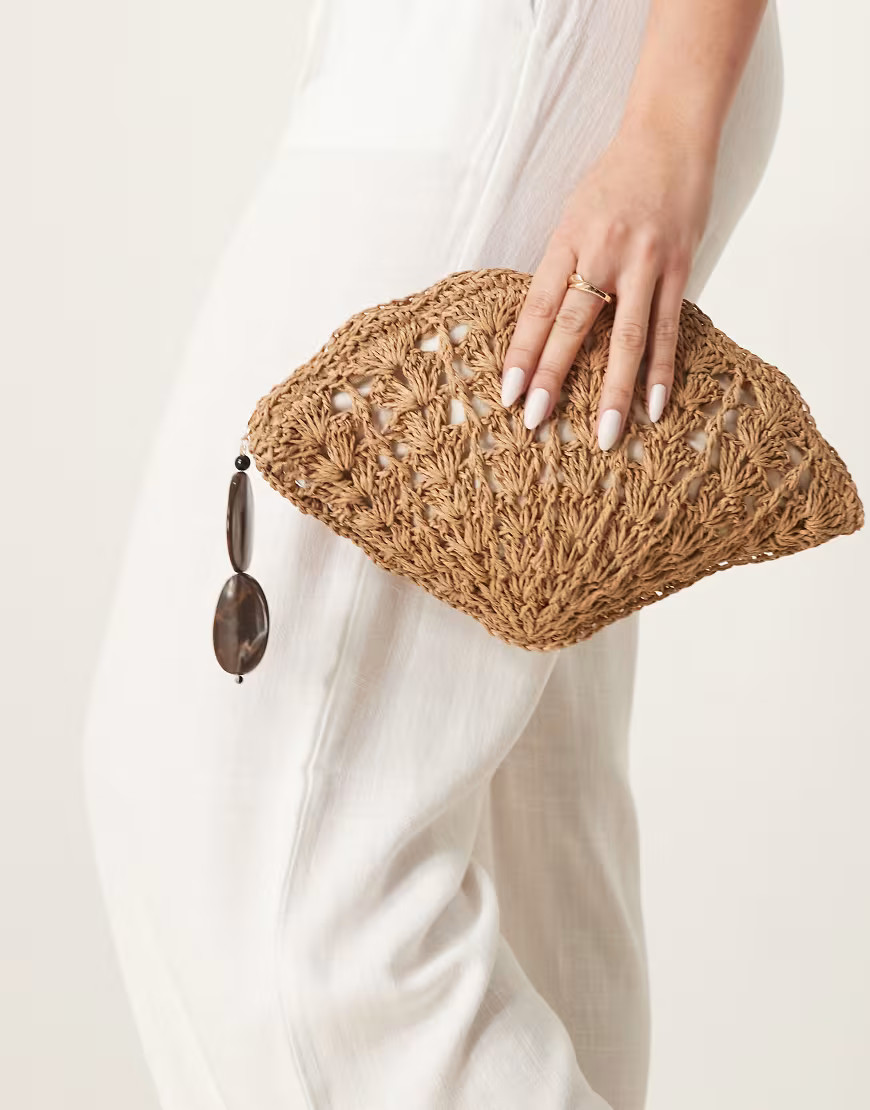 ASOS DESIGN crochet shell clutch with resin charm-Brown | ASOS (Global)