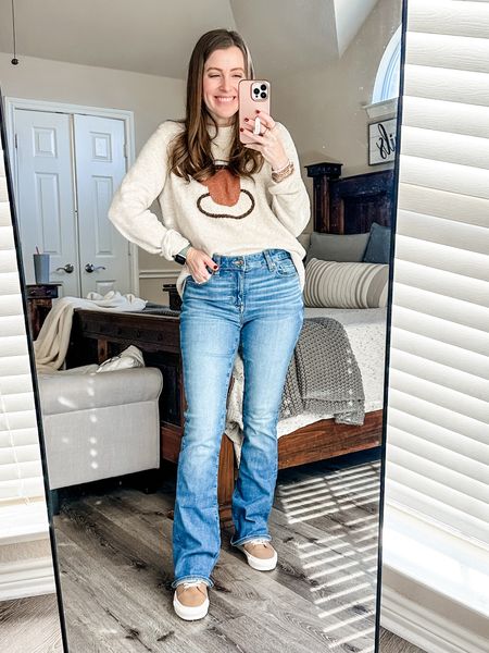 Loving these boot cut “kick” jeans from American Eagle! They remind me of my youth 🤪 This top is thrifted from thredup, but they have one more! Linking some similar ones too 🥰 Linked in stories!

#LTKSeasonal #LTKshoecrush #LTKstyletip