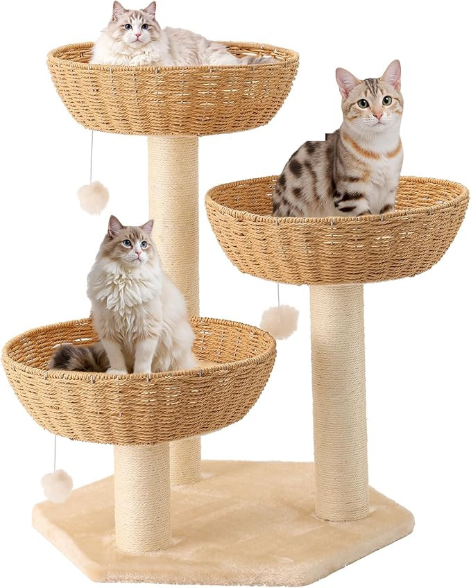 Rattan Cat Tree House with Scratching Post,Wicker Basket,Bed,and Stand Modern Cat Climbing Tower ... | Amazon (US)