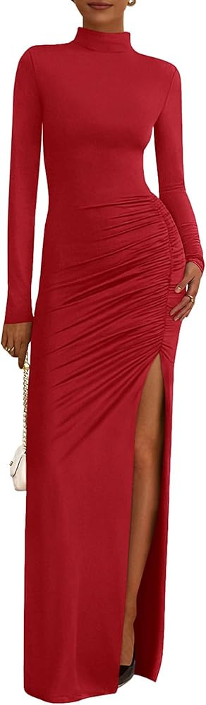 BTFBM Formal Dresses for Women 2025 Fall Long Sleeve Mock Neck Ruched Bodycon Slit Maxi Wedding G... | Amazon (US)