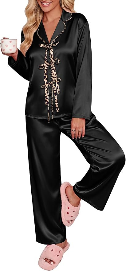 Ekouaer Womens Satin Pajamas Set Bow Tie Front Pjs Long Sleeve Lounge sets | Soft lightweight sil... | Amazon (US)