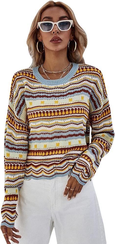 SheIn Women's Stripe Drop Shoulder Long Sleeve Round Neck Pullover Sweater Tops | Amazon (US)