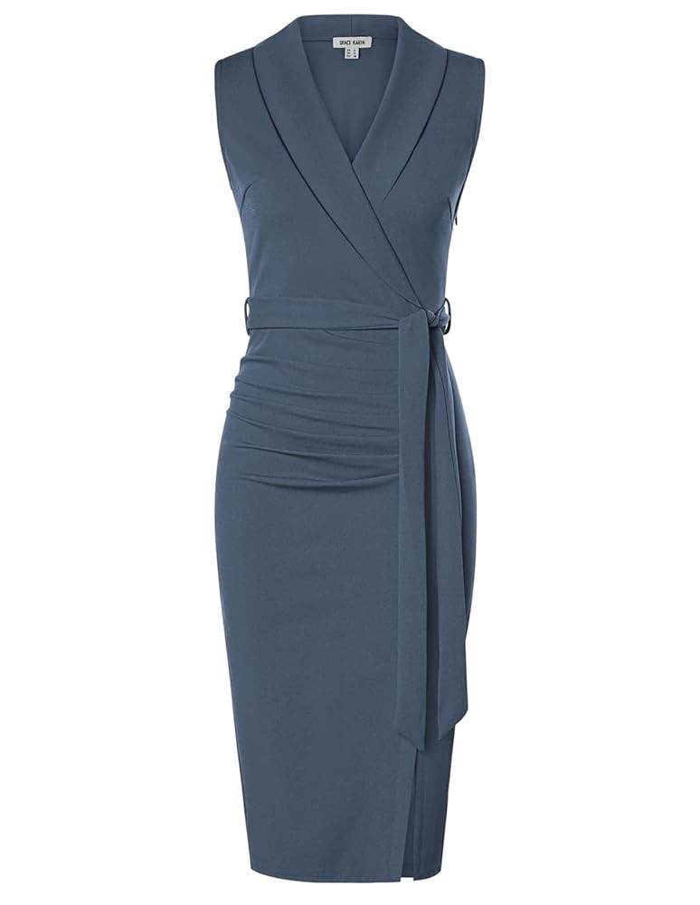 GRACE KARIN Women's Wear to Work Sleeveless Ruched Bodycon Office Pencil Midi Dresses with Belt | Amazon (US)