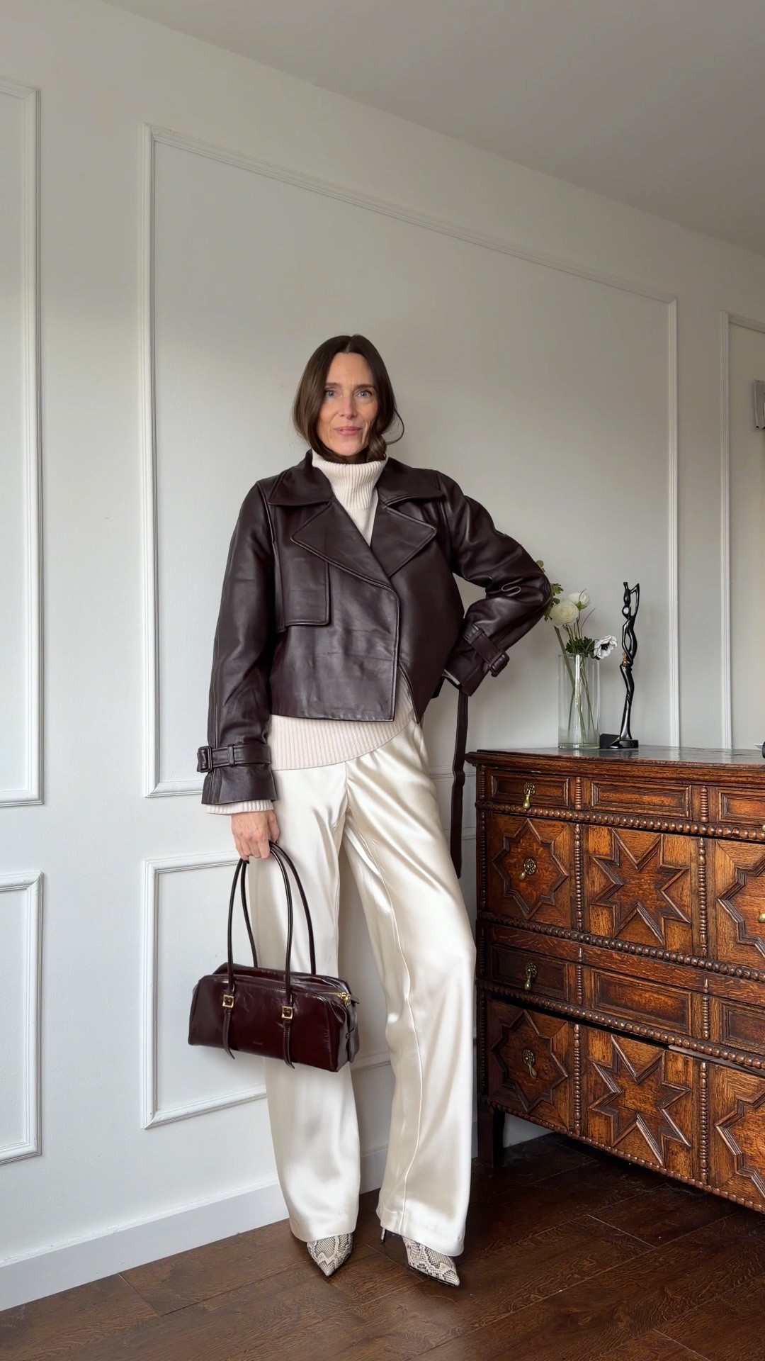 Sizing info:
Cream satin trousers, UK 10, longer length
Cream cashmere sweater, small
Burgundy leather cropped trench, UK 12 (size up)

Snake print, east west bag, 

#LTKgrwm #LTKootd #LTKTall