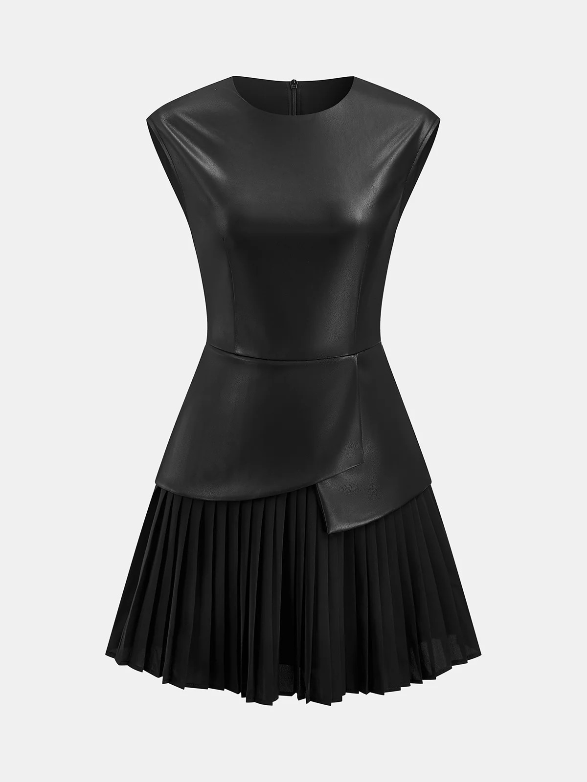 Pleated Panel Sleeveless PU Leather Dress | Commense