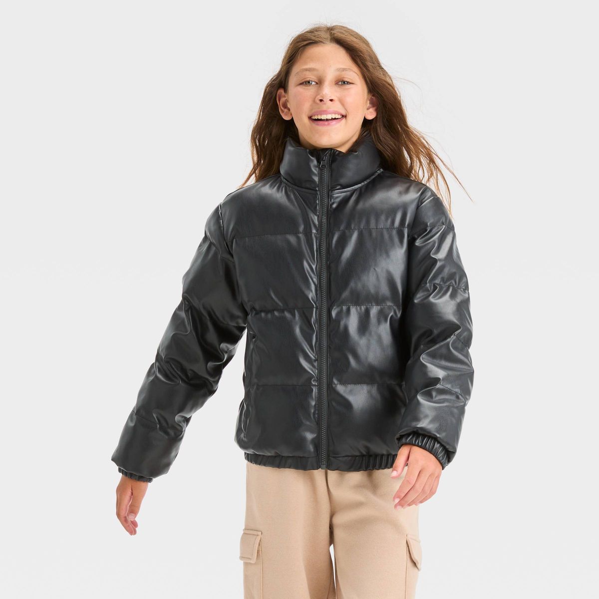 Girls' Solid Cropped Puffer Jacket - art class™ Black | Target