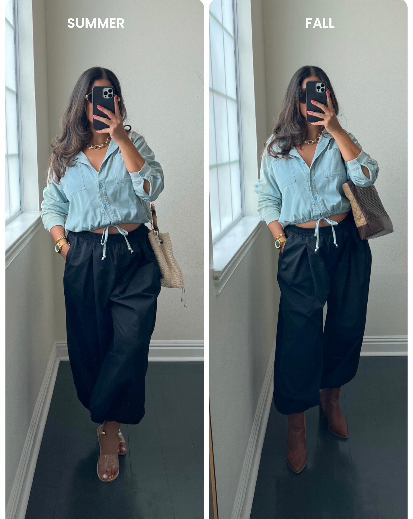 One outfit from summer to fall only change a couple things! Which one do you like more? - bump friendly outfit, had this denim top since last summer!

#LTKootd #LTKBump #LTKMidsize