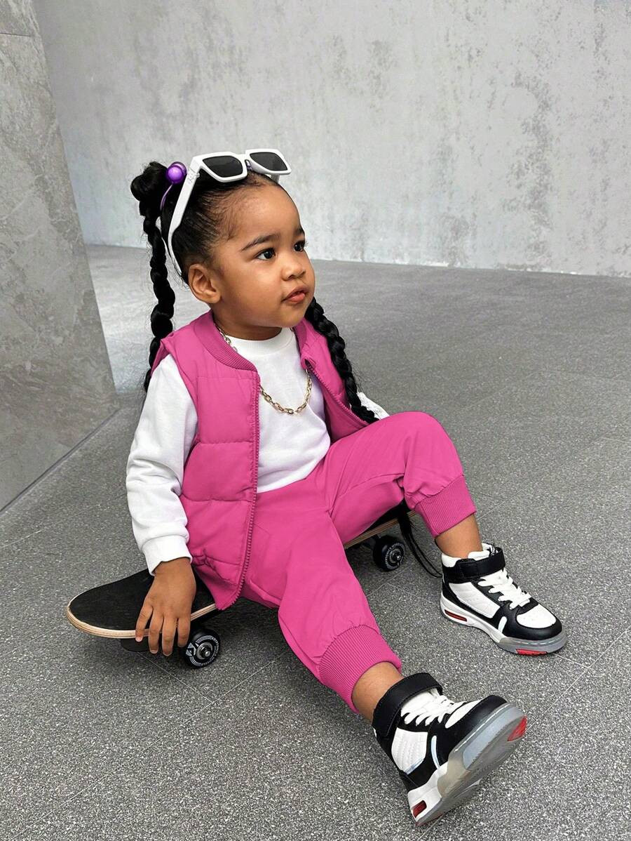 SHEIN Streecool Kids 3pcs/Set Baby Girls Thick Outfit Includes Vest, Hoodie Sweatshirt And Cargo ... | SHEIN