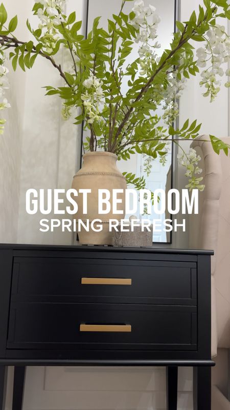 Guest bedroom spring refresh, small bedroom furniture, affordable bedroom furniture, Amazon home finds, target home finds, bed, rug, viral nightstands, spring stems, vase, throw pillows, curtains, olive tree, arched mirror, table lamp 

#LTKVideo #LTKstyletip #LTKhome