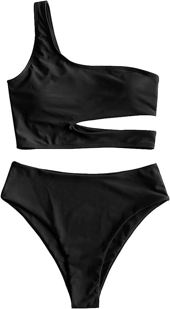 ZAFUL Swimwear One Shoulder Cut Out High Cut Bikini Sexy Two Piece Bathing Suits for Women | Amazon (US)