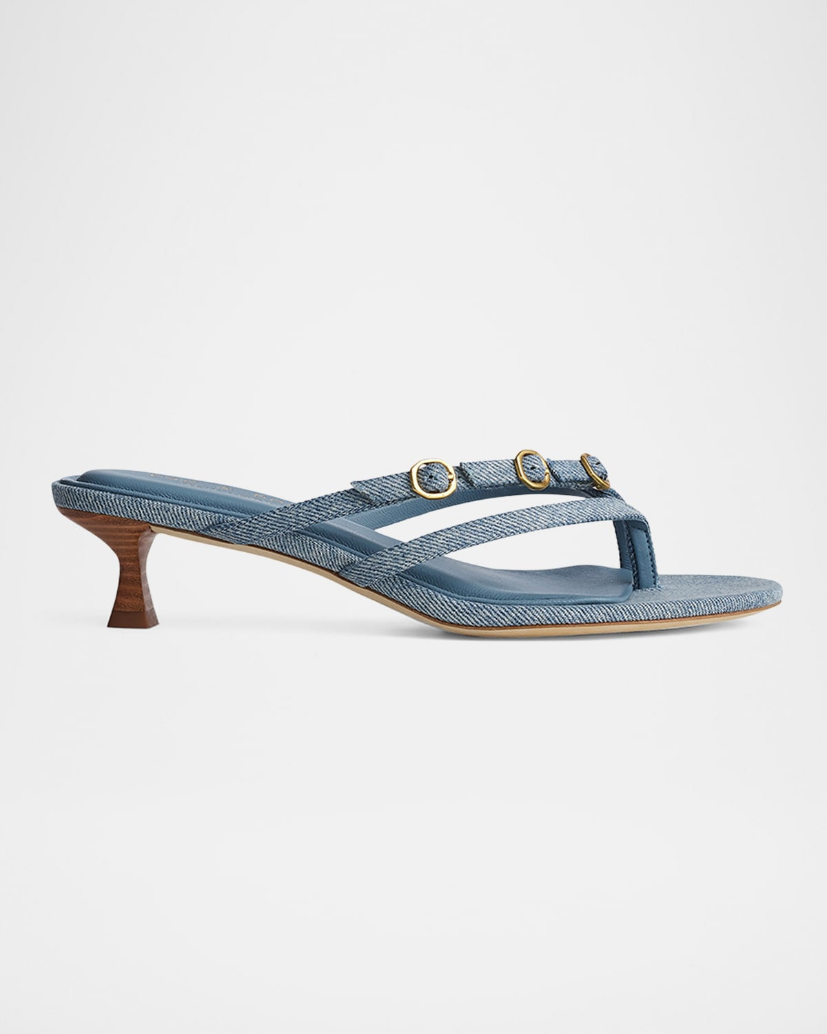 Sammie Denim Buckle Kitten-Heel Sandals | Neiman Marcus