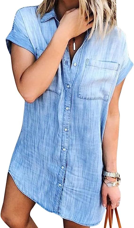 Zilcremo Women Denim Shirt Dresses Short Sleeve Distressed Jean Dress Button Down Casual Tunic To... | Amazon (US)