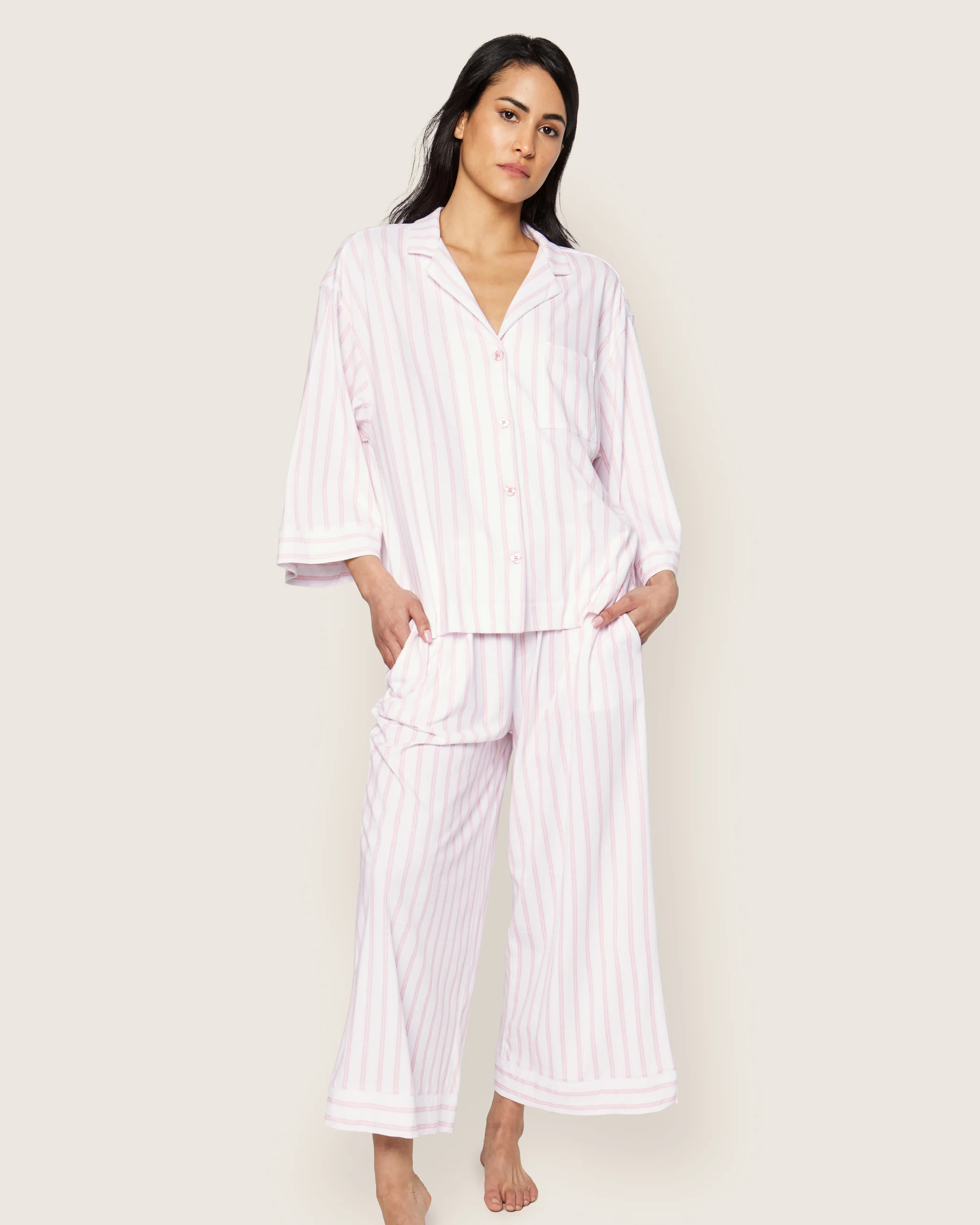 The Olivia Wide Leg Pima Pajama Set in Pink Stripe | Petite Plume
